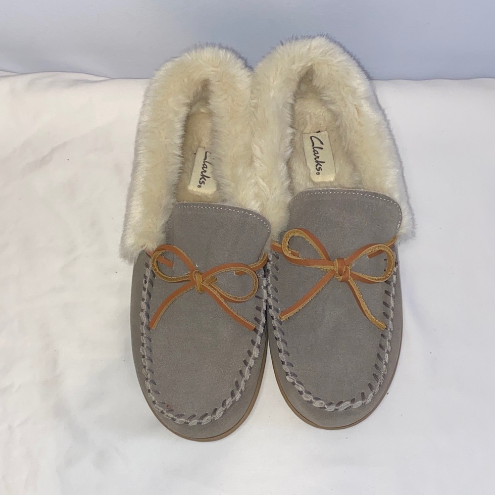 Women’s Clark’s moccasin slippers, tried on inside, too big for me.